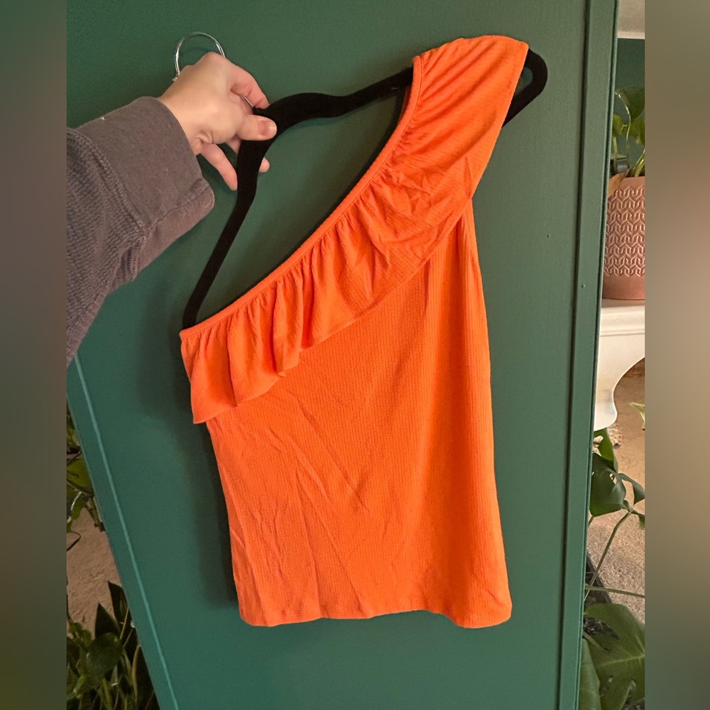 LOFT Vibrant Orange Ruffle One Sleeve Shoulder Tank Top
